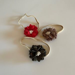 Baby Girl Flower Bow Bundle - 3 Girl Bow Headbands in Red, Green + Brown